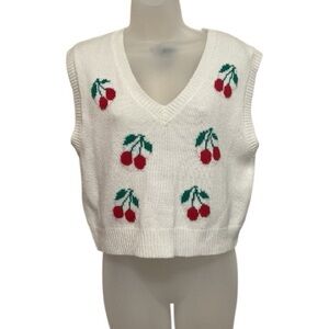 Just Polly Cherry Knit Sweater Vest White Red Cherries Y2K Cottagecore Size L
